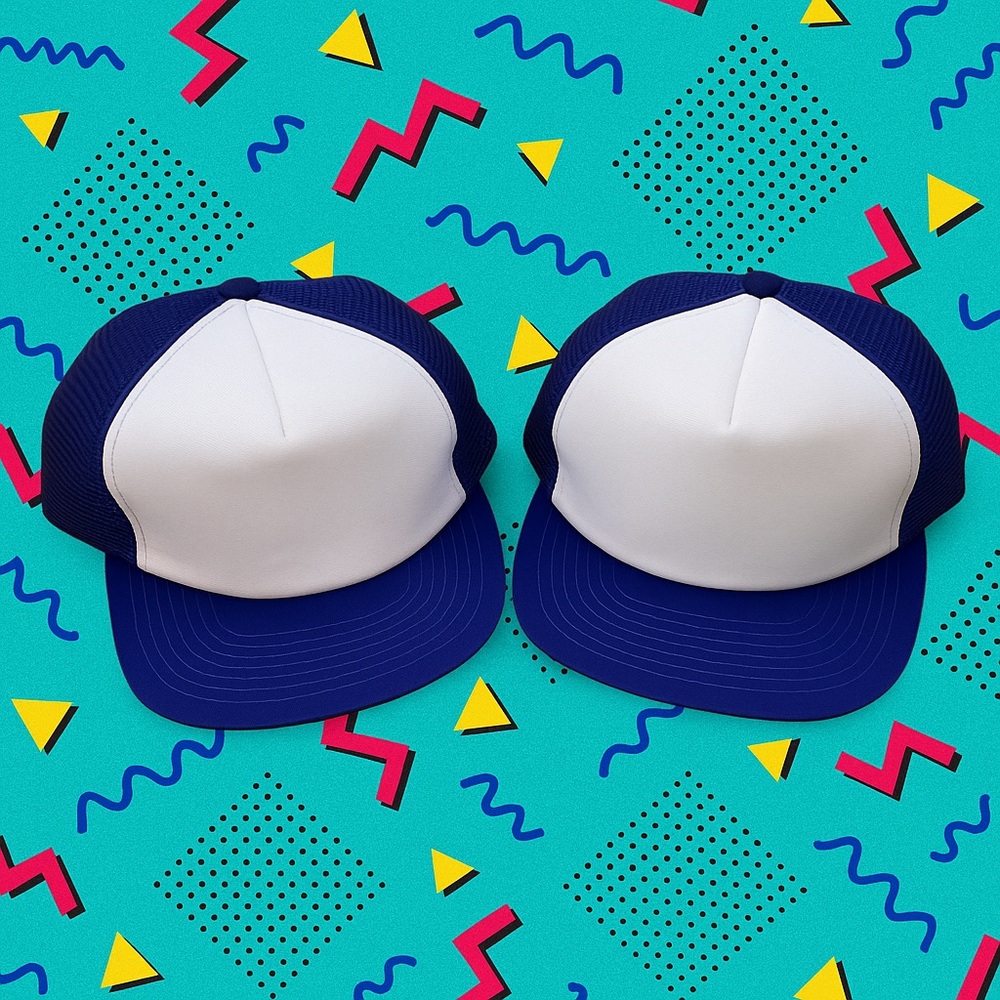 Lot of 2 Vintage 1980s Mesh Trucker Hats Blue White Blank Foam Springfoot NOS